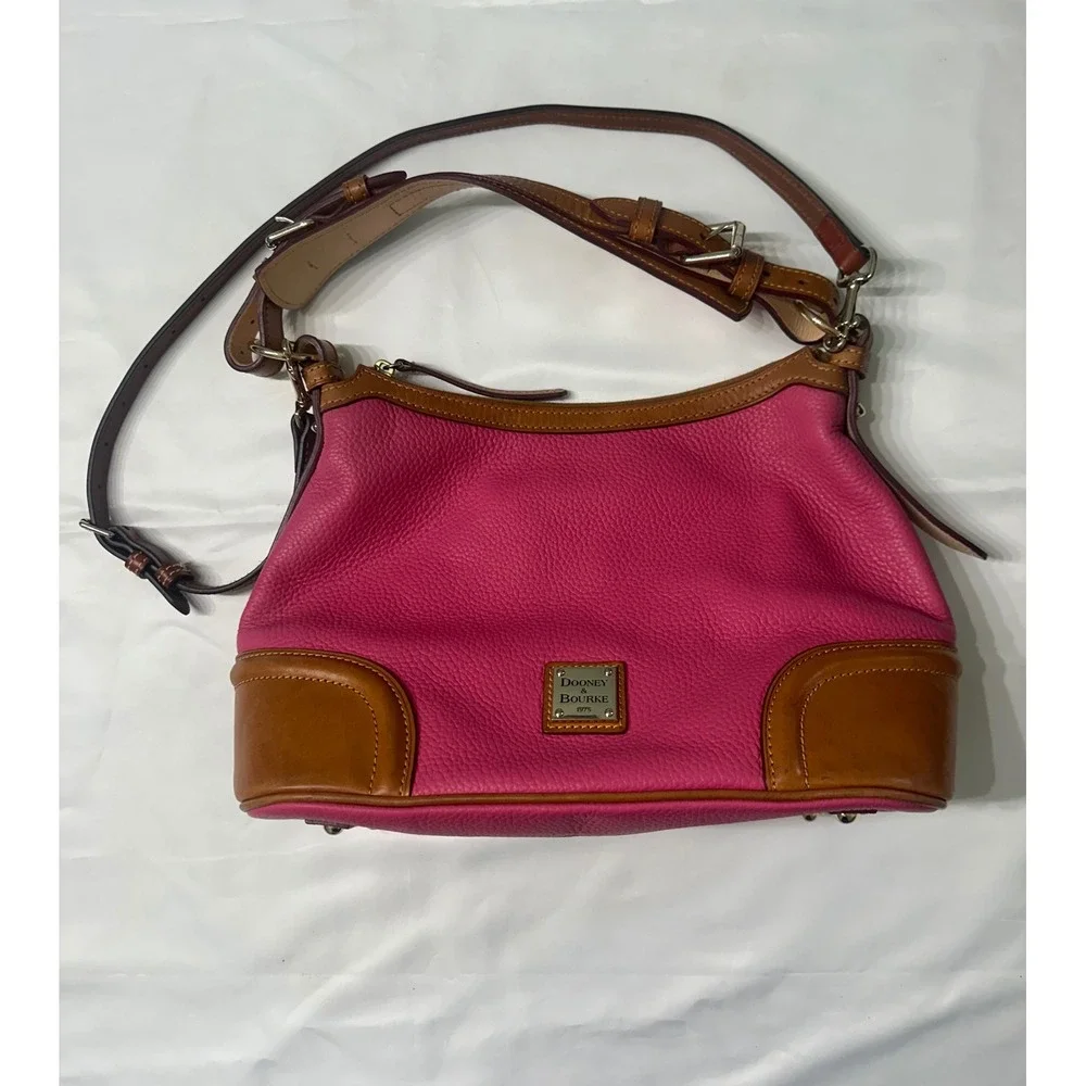 Dooney & Bourke Pink Pebbled Leather Hobo Bag Tan Trim Shoulder Handbag